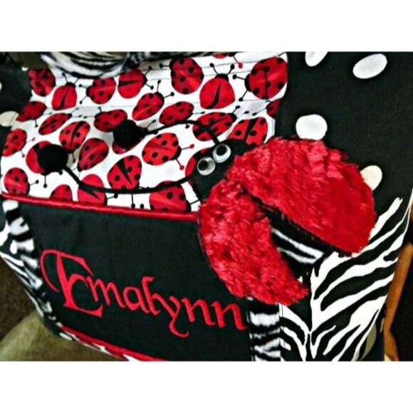 Handmade Personalizable Ladybug Diaper Bag 3 Pockets Red Bows Faux Fur polka Dot - Picture 4 of 7